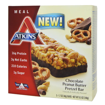 Atkins, barra de pretzel de chocolate y mantequilla de maní, 5 barras, 1,7 oz (48 g) cada una