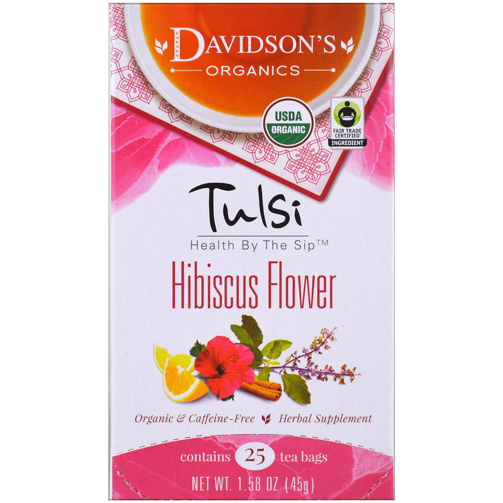 Davidson's Tea, Tulsi, , ชาดอกไม้ Hibiscus, ปราศจากคาเฟอีน, ถุงชา 25 ใบ, 1.58 ออนซ์ (45 กรัม)