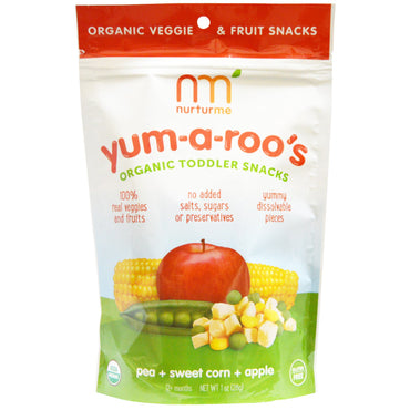 NurturMe ของว่างสำหรับเด็กวัยหัดเดิน Yum-A-Roo's Pea + ข้าวโพดหวาน + แอปเปิ้ล 1 ออนซ์ (28 กรัม)