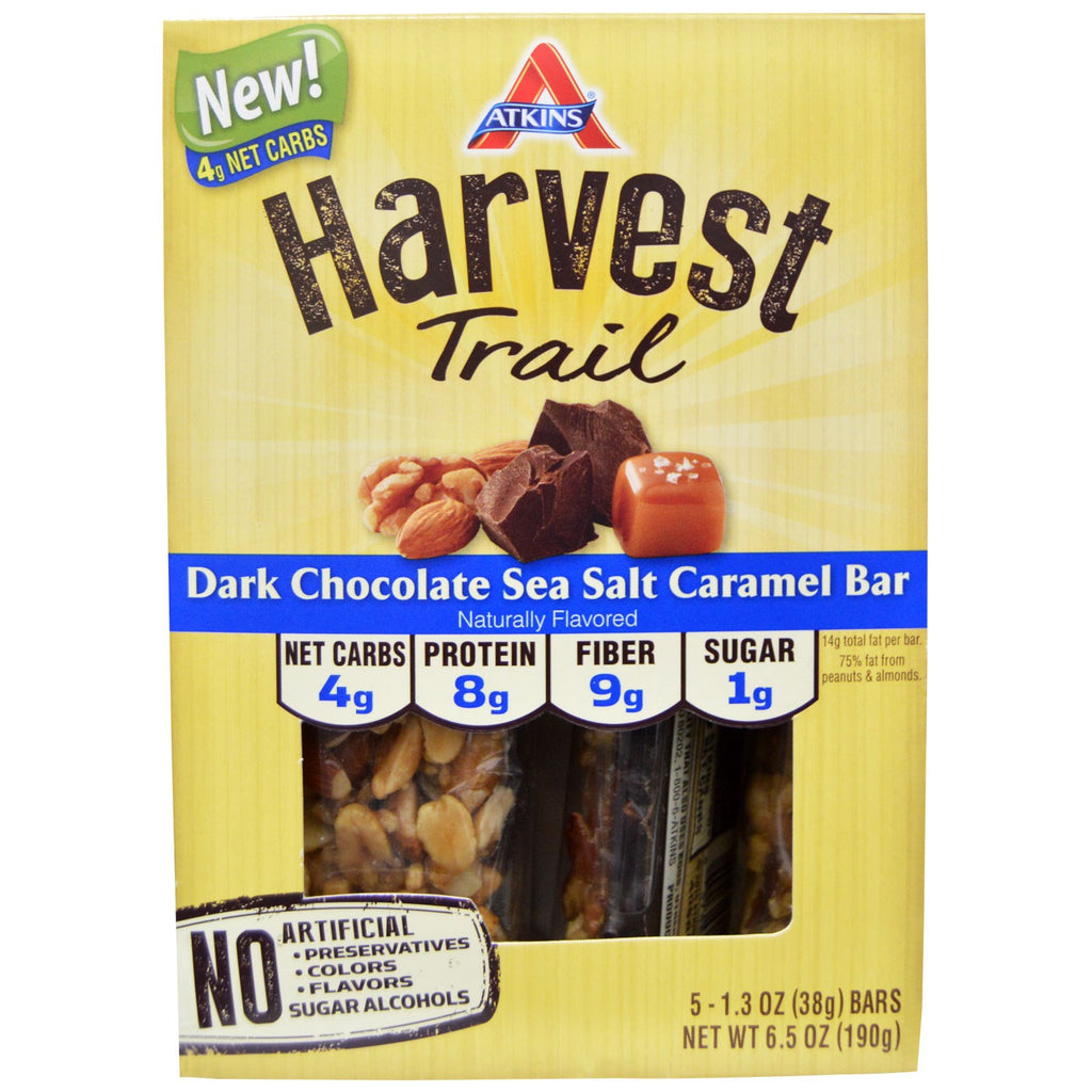Atkins, Harvest Trail, baton de caramel cu sare de mare ciocolată neagră, 5 batoane, 1,3 oz (38 g) fiecare