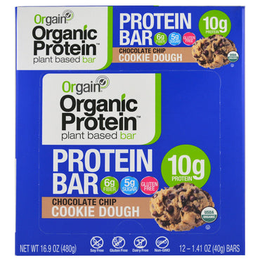 Orgain, barra de proteína de origen vegetal, masa para galletas con chispas de chocolate, 12 barras, 1,41 oz (40 g) cada una