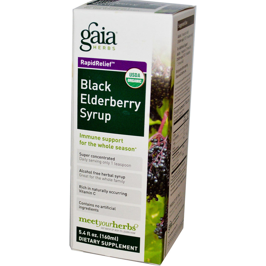 Gaia-kruiden, snelle verlichting, zwarte vlierbessensiroop, 5.4 fl oz (160 ml)