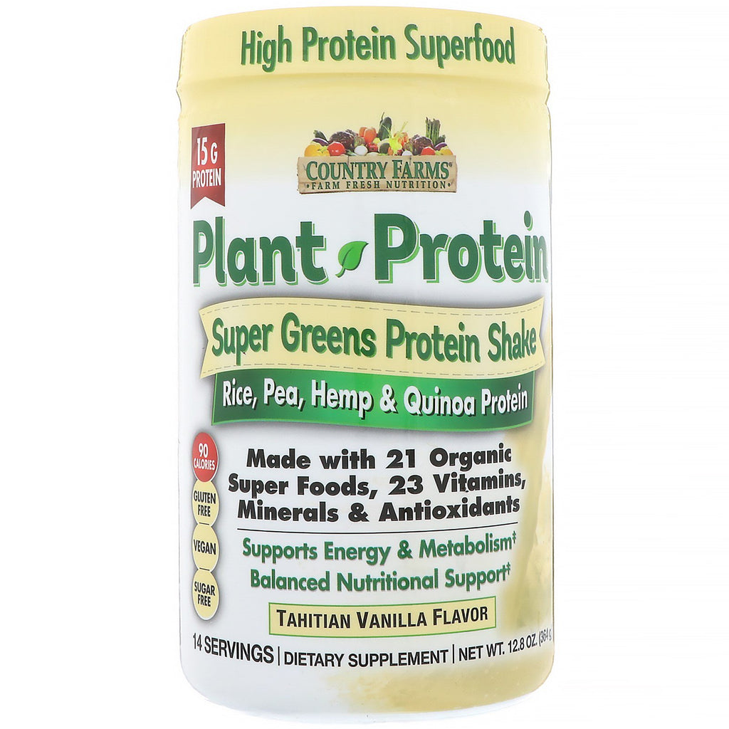 Country Farms, Proteína vegetal, Batido de proteínas Super Greens, Sabor a vainilla de Tahití, 12,8 oz (364 g)