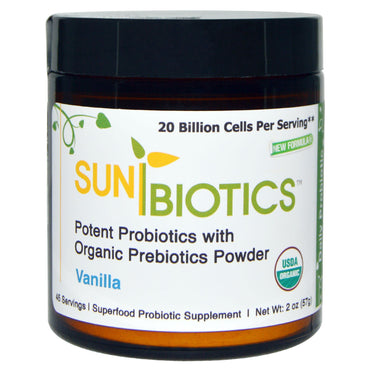 Sunbiotics, פרוביוטיקה חזקה עם אבקת פרה-ביוטיקה, וניל, 2 אונקיות (57 גרם)