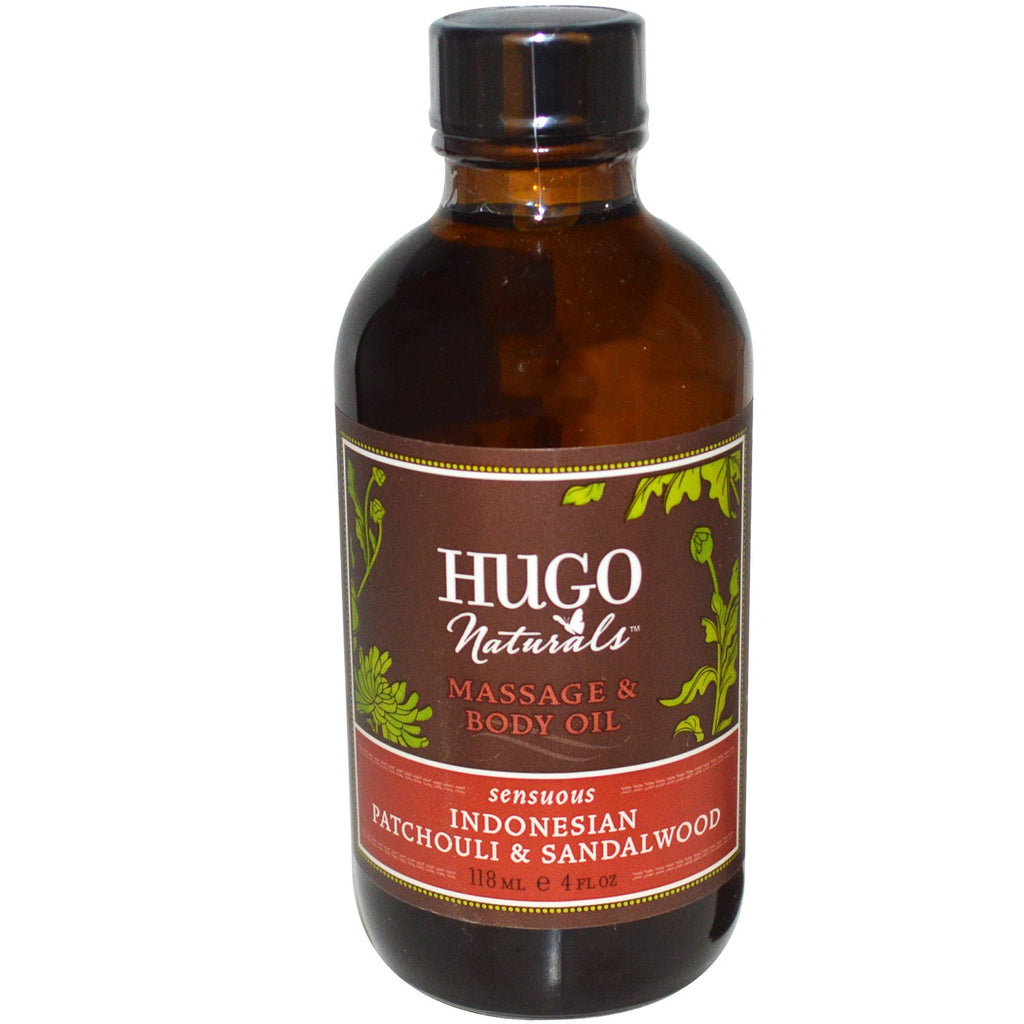 Hugo Naturals, massage- en lichaamsolie, Indonesische patchouli en sandelhout, 4 oz (118 ml)
