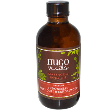 Hugo Naturals, massasje og kroppsolje, indonesisk patchouli og sandeltre, 4 oz (118 ml)