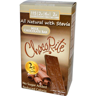 HealthSmart Foods, Inc., ChocoRite, barra de chocolate con leche, sin azúcar añadido, 5 barras, (28 g) cada una