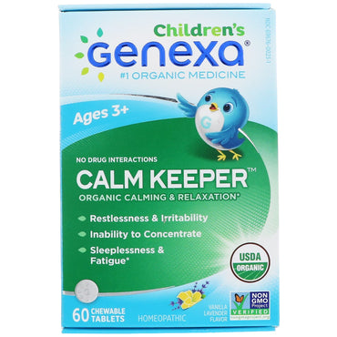 Genexa, Calm Keeper para crianças, 3 anos ou mais, calmante e relaxante, sabor baunilha e lavanda, 60 comprimidos mastigáveis