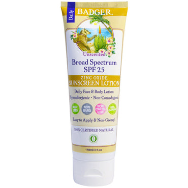 Badger Company, Zinc Oxide Sunscreen Lotion, Broad Spectrum SPF 25, Unscented, 4 fl oz (118 ml)