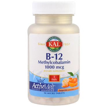 KAL, B-12 Metilcobalamina, Tangerina, 1000 mcg, 90 Microcomprimidos