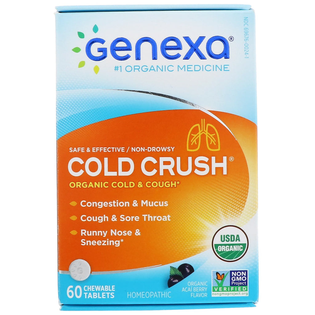 Genexa, Cold Crush voor volwassenen, verkoudheid en hoest, acaibessensmaak, 60 kauwtabletten