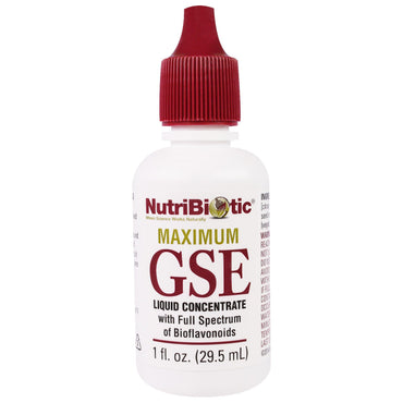 NutriBiotic, maximale GSE, vloeibaar concentraat, grapefruitzaadextract, 1 fl oz (29,5 ml)