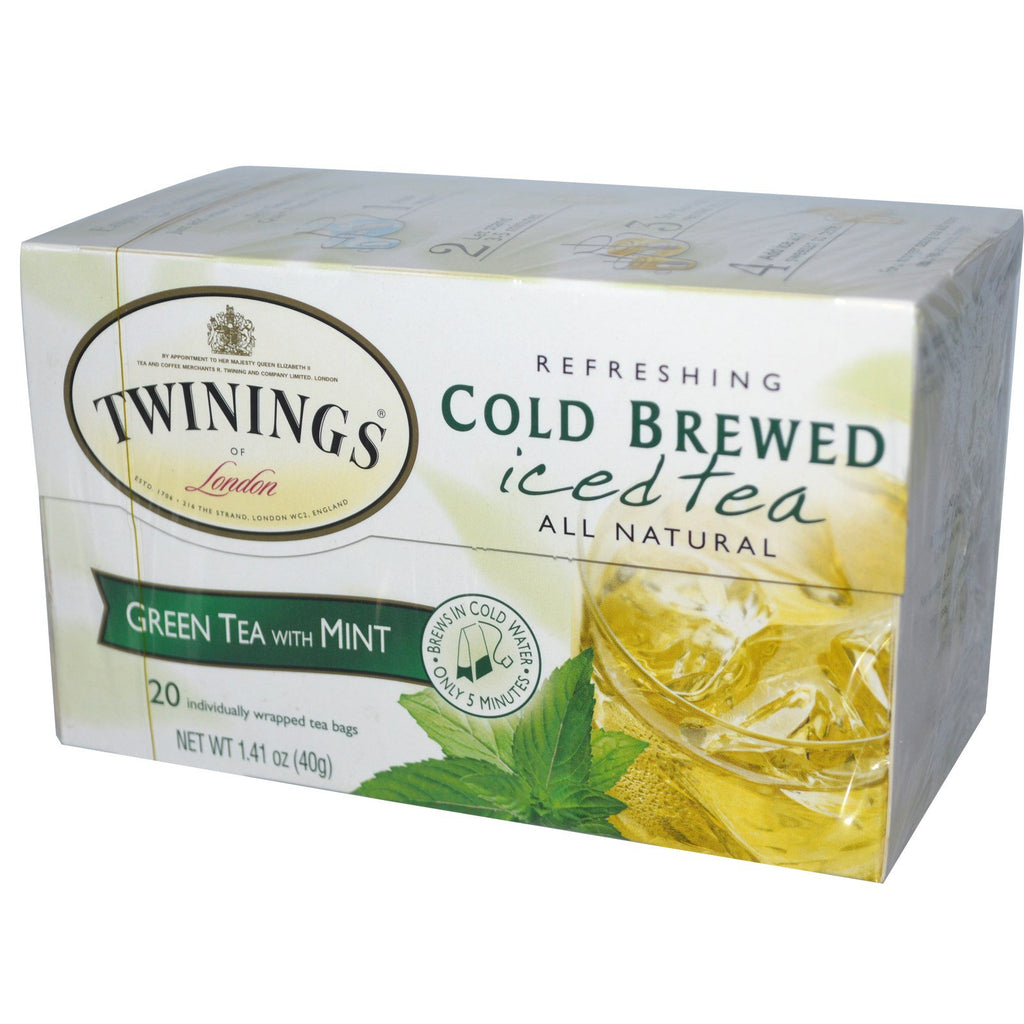 Twinings, koldbrygget iste, grøn te med mynte, 20 teposer, 1,41 oz (40 g)