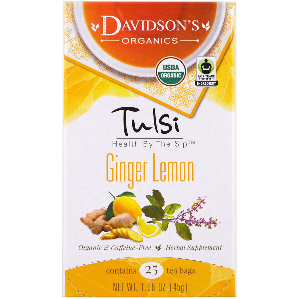 Davidson's Tea, Tulsi, , ชามะนาวขิง ปราศจากคาเฟอีน , ถุงชา 25 ซอง, 1.58 ออนซ์ (45 กรัม)
