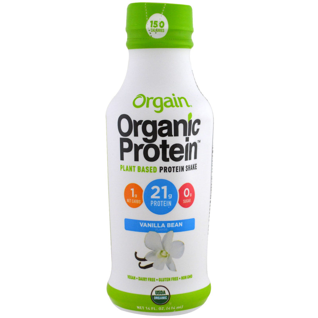 Orgain, โปรตีนเชคจากพืชโปรตีน, รสวานิลลาบีน, 14 fl oz (414 ml)
