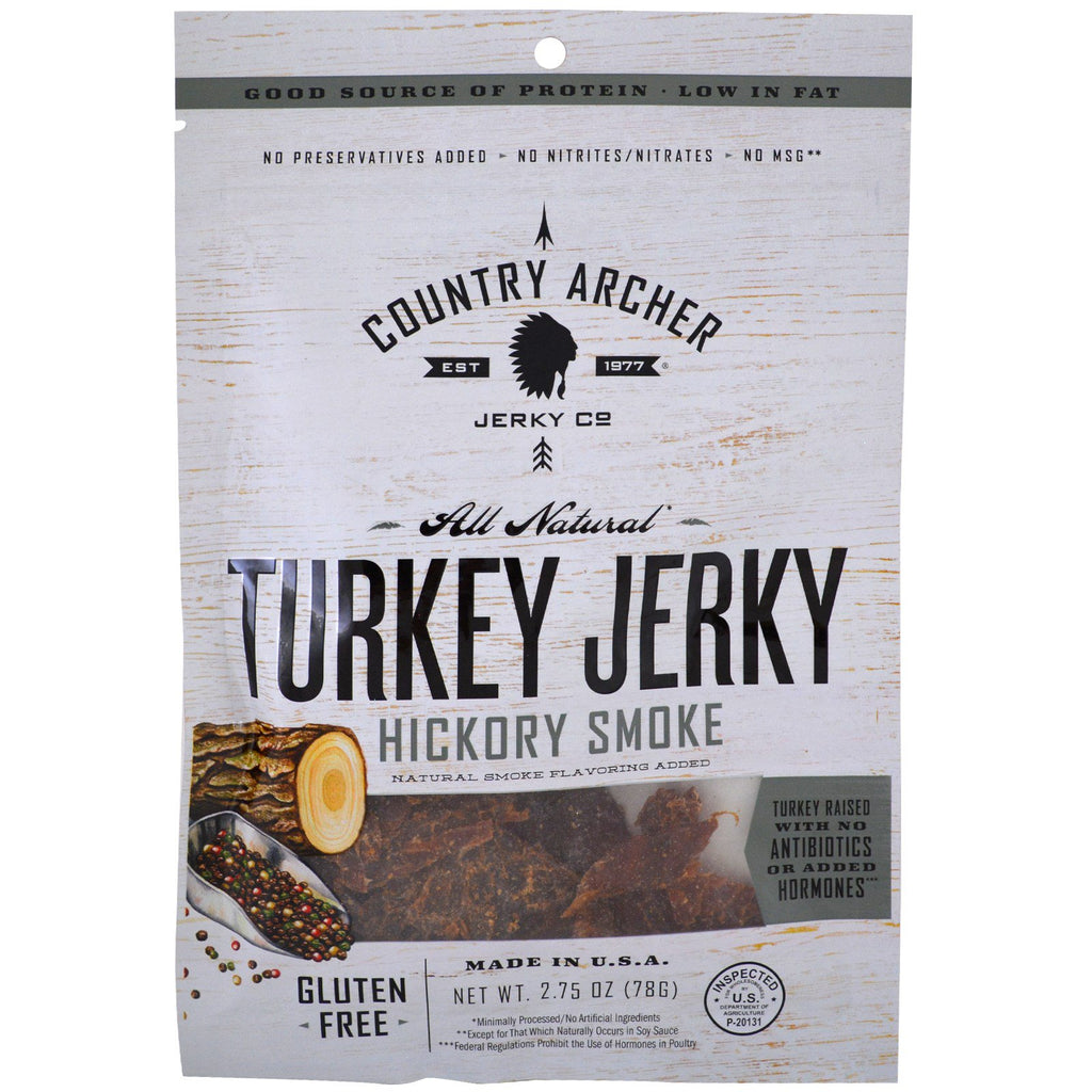 Country Archer Jerky, Jerky de curcan natural, fum de hickory, 2,75 oz (78 g)