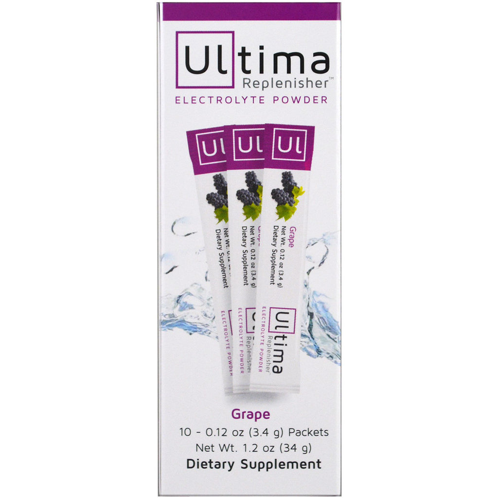 Ultima Health Products, Ultima Replenisher Elektrolytpulver, Traube, 10 Päckchen, je 0,12 oz (3,4 g).