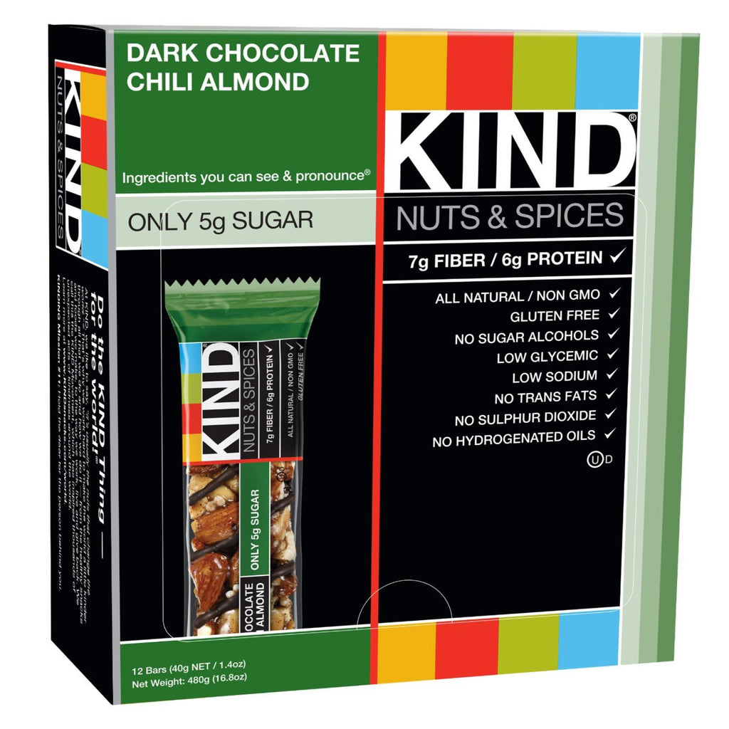 חטיפי KIND, אגוזים ותבלינים, שקד צ'ילי שוקולד מריר, 12 חפיסות, 1.4 אונקיות (40 גרם) כל אחד