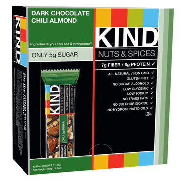 KIND Bars, nueces y especias, chocolate amargo con chile y almendras, 12 barras, 1,4 oz (40 g) cada una