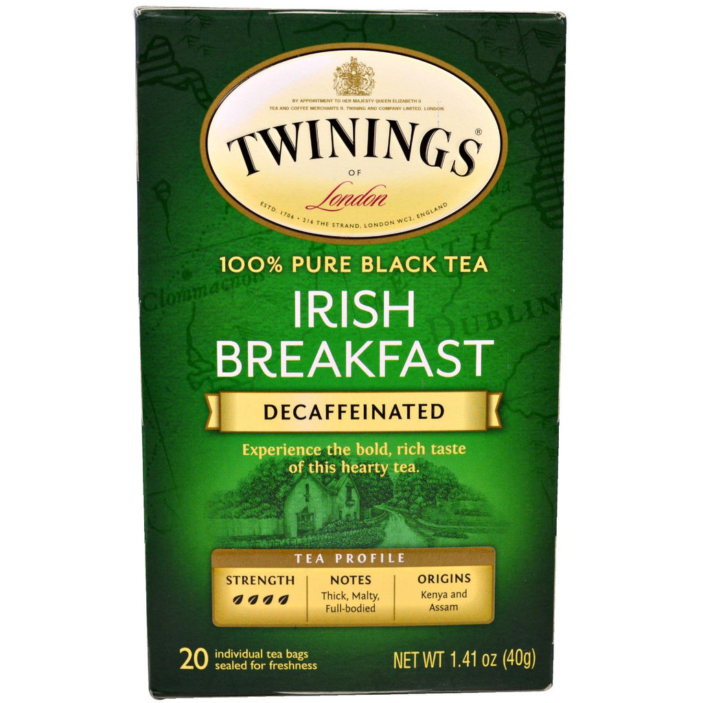 Twinings, 100% תה שחור טהור, ארוחת בוקר אירית, נטול קפאין, 20 שקיות תה, 1.41 אונקיות (40 גרם) כל אחת