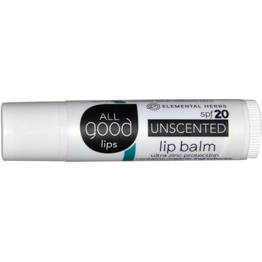 All Good Products, All Good Lips, Lip Balm, SPF 20, Unscented, 4.25 g