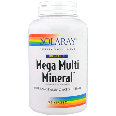 Solaray, mega multi mineral, jernfri, 200 kapsler