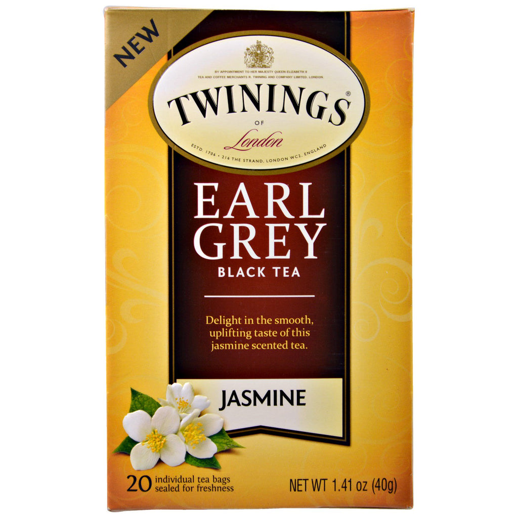 Twinings, svart te, Earl Grey, Jasmine, 20 tepåsar - 1,41 oz (40 g)