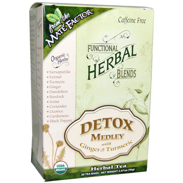 Mate Factor,  Functional Herbal Blends, Detox Medley with Ginger and Turmeric, 20 Tea Bags, (3.5 g) Each