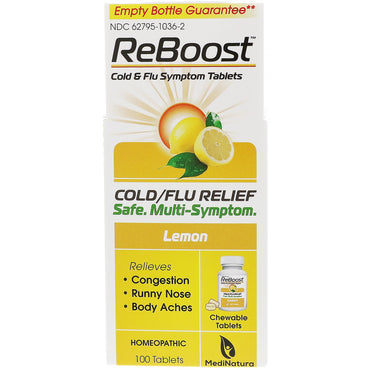 MediNatura, ReBoost, alivio del resfriado y la gripe, limón, 100 tabletas masticables