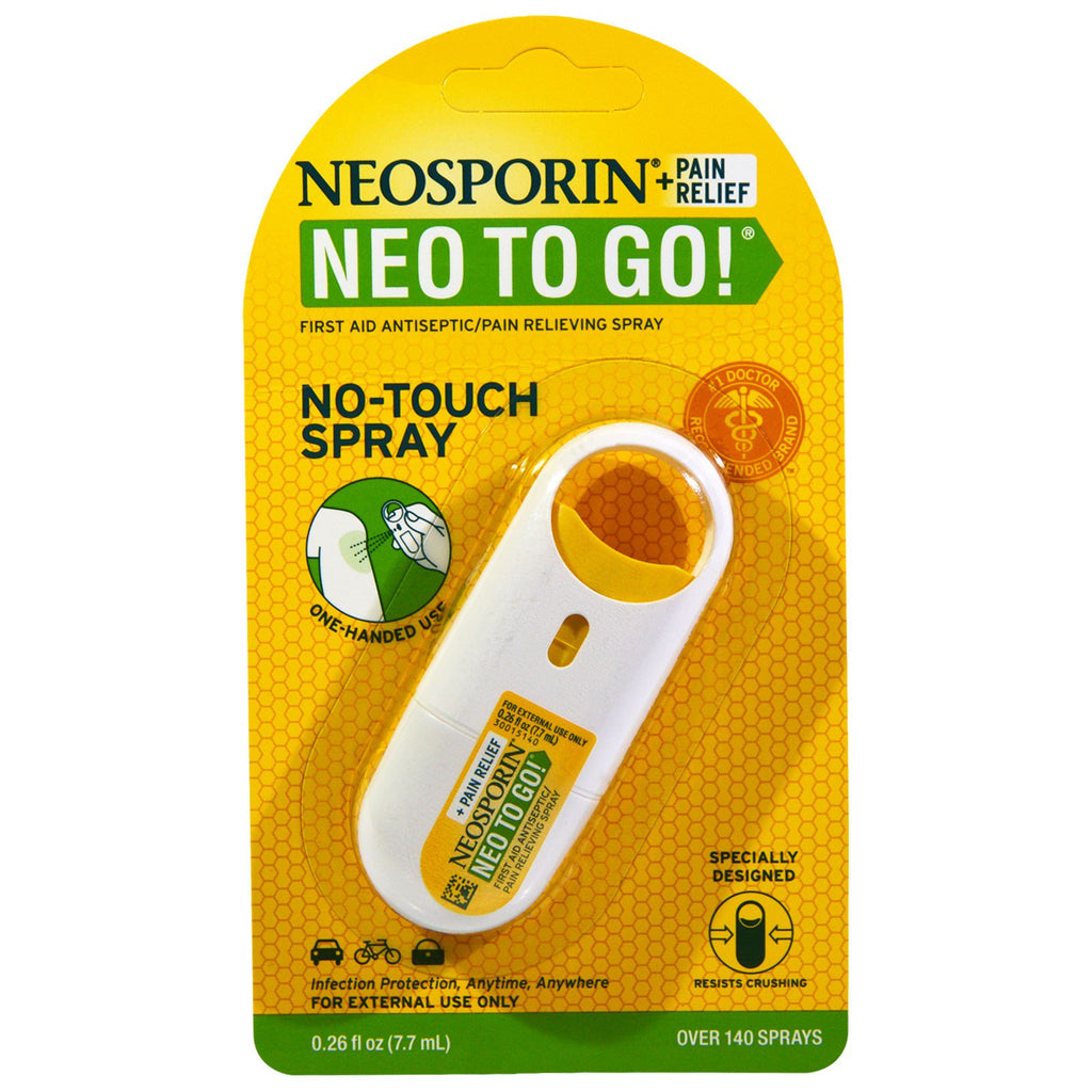 Neosporin, + antidolorifico, Neo To Go!, spray antisettico/antidolorifico di primo soccorso, 7,7 ml (0,26 fl oz)