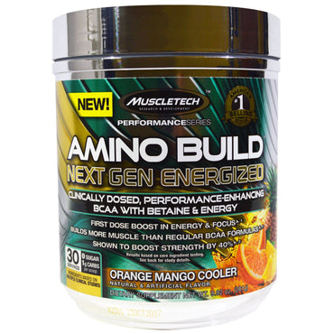 Muscletech, Fórmula Amino Build Next Gen BCAA con betaína energizada, refrescante de mango y naranja, 9,92 oz (281 g)