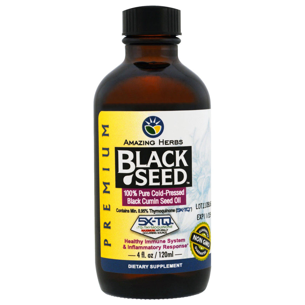 Amazing Herbs, ブラックシード、100% 純粋なコールドプレスブラッククミンシードオイル、4 fl oz (120 ml)