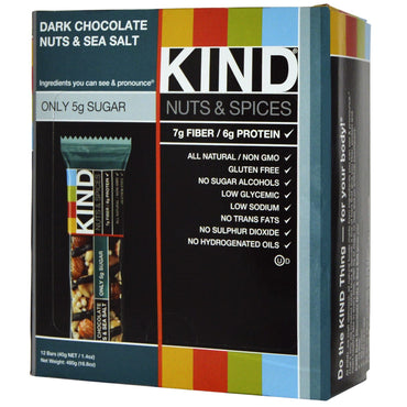 KIND Bars, nueces y especias, chocolate amargo, nueces y sal marina, 12 barras, 1,4 oz (40 g) cada una