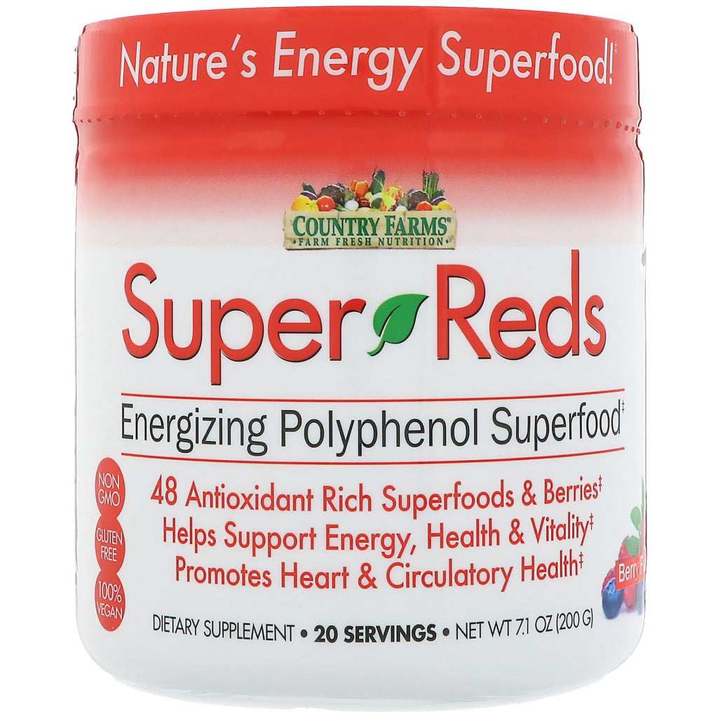 Country Farms, Super Reds, Energigivande Polyphenol Superfood, bärsmak, 7,1 oz (200 g)