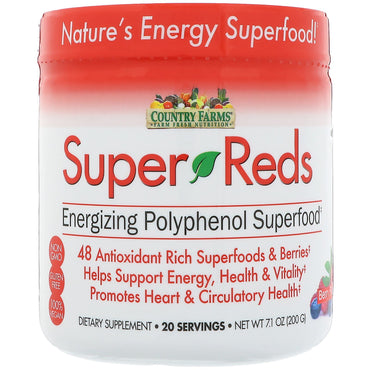 Country Farms, Super Reds, Energetyzujący pożywienie polifenolowe, Smak jagodowy, 7,1 uncji (200 g)