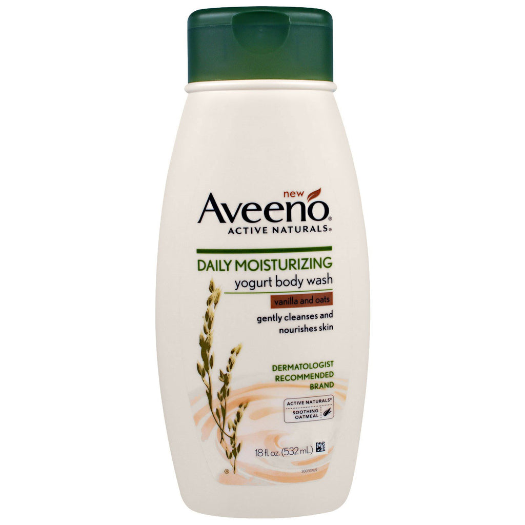 Aveeno, Active Naturals, ครีมอาบน้ำโยเกิร์ตเพิ่มความชุ่มชื้นรายวัน, วานิลลาและข้าวโอ๊ต 18 ออนซ์ (532 มล.)