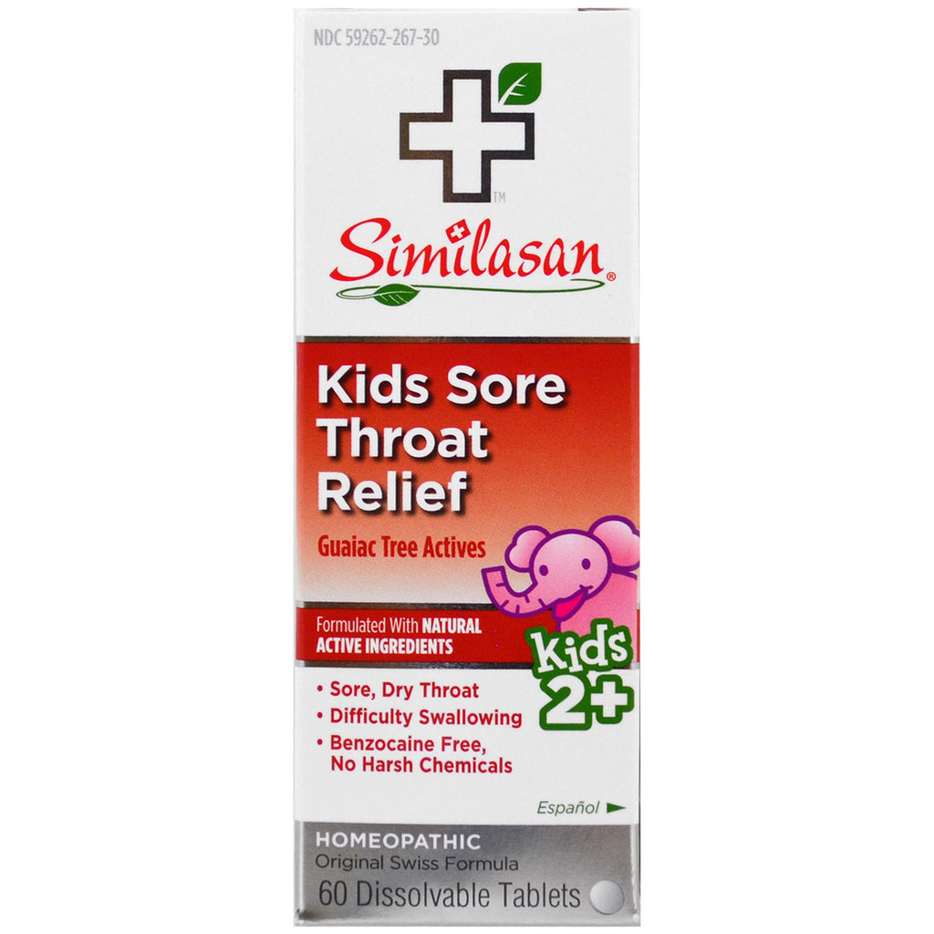 Similasan, alívio de dor de garganta para crianças, ativos de árvore guaiaco, 2+, 60 comprimidos solúveis