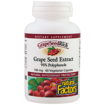 Natural Factors, Extrait de pépins de raisin, 95 % de polyphénols, 100 mg, 60 capsules végétariennes