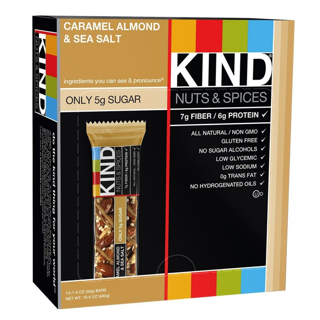 KIND Bars, nueces y especias, caramelo, almendra y sal marina, 12 barras, 1,4 oz (40 g) cada una