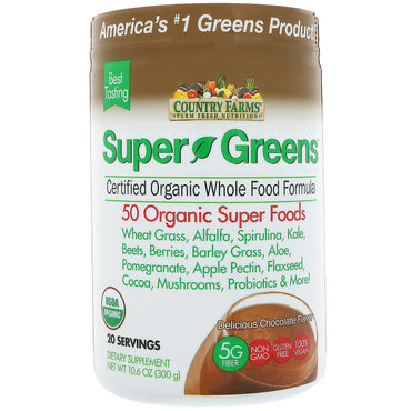 Country Farms, Super Greens, Certified  Whole Food Formula, Delicious Chocolate Flavor, 10.6 oz (300 g)
