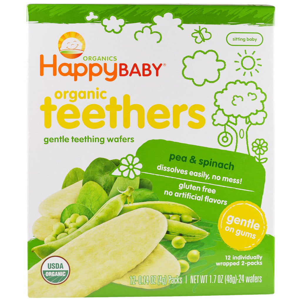 Nurture Inc. (Happy Baby), napolitane delicate pentru dentitie, dintitori, mazare si spanac, 12 pachete, 0,14 oz (4 g) fiecare