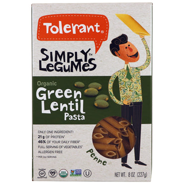 Tolerant  Green Lentil Pasta Penne 8 oz (227 g)