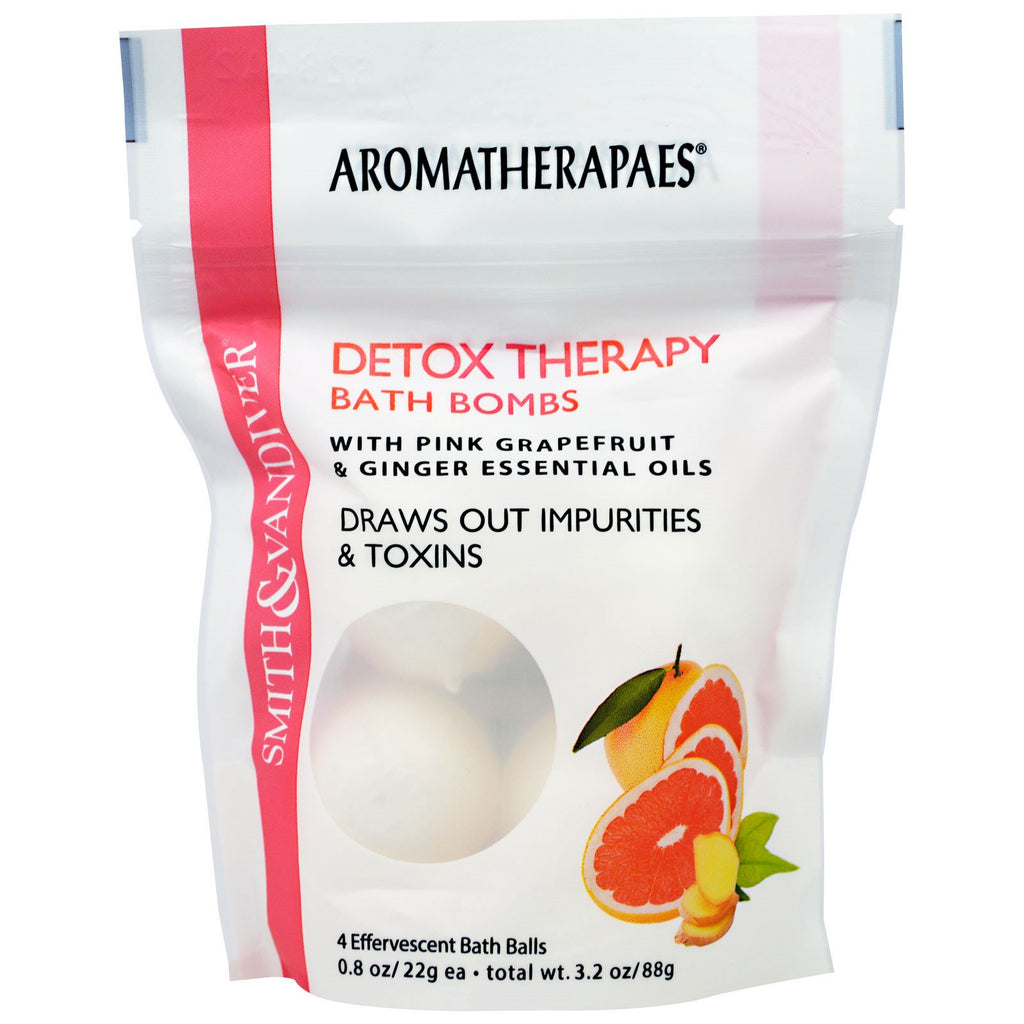Smith & Vandiver, detox-terapibadebomber med rosa grapefrukt- og ingefær-essensielle oljer, 4 sprudlende badeballer, 0,8 oz (22 g) hver