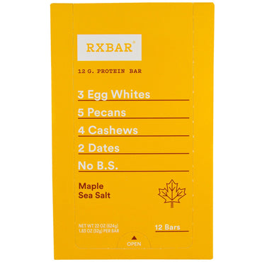 RXBAR, barres protéinées, sel marin à l'érable, 12 barres, 1,83 oz (52 g) chacune