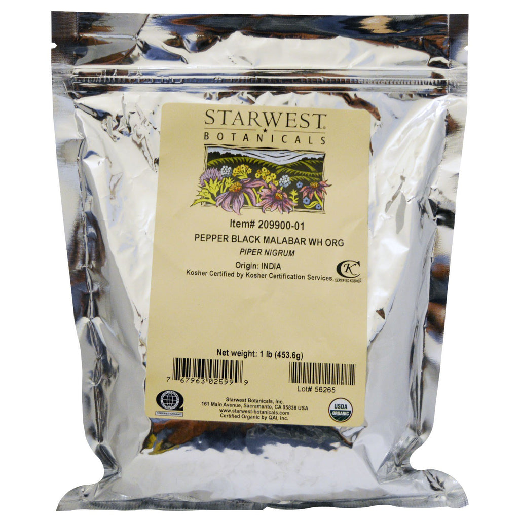 Starwest Botanicals, Whole Pepper Black Malabar, 1 lb (453,6 g)