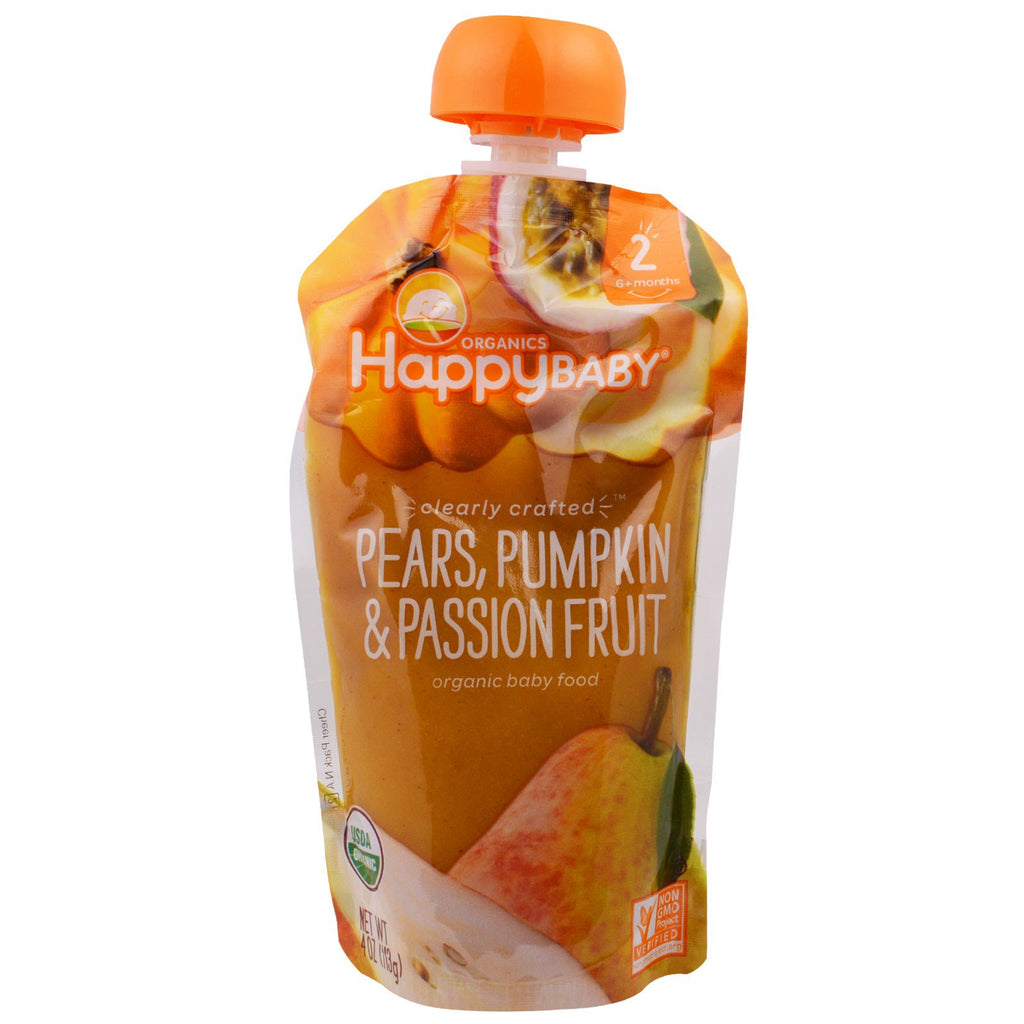 Nurture Inc. (Happy Baby) Barnmat Steg 2 Klart tillverkad 6+ månader Päron Pumpa & passionsfrukt 4,0 oz (113 g)