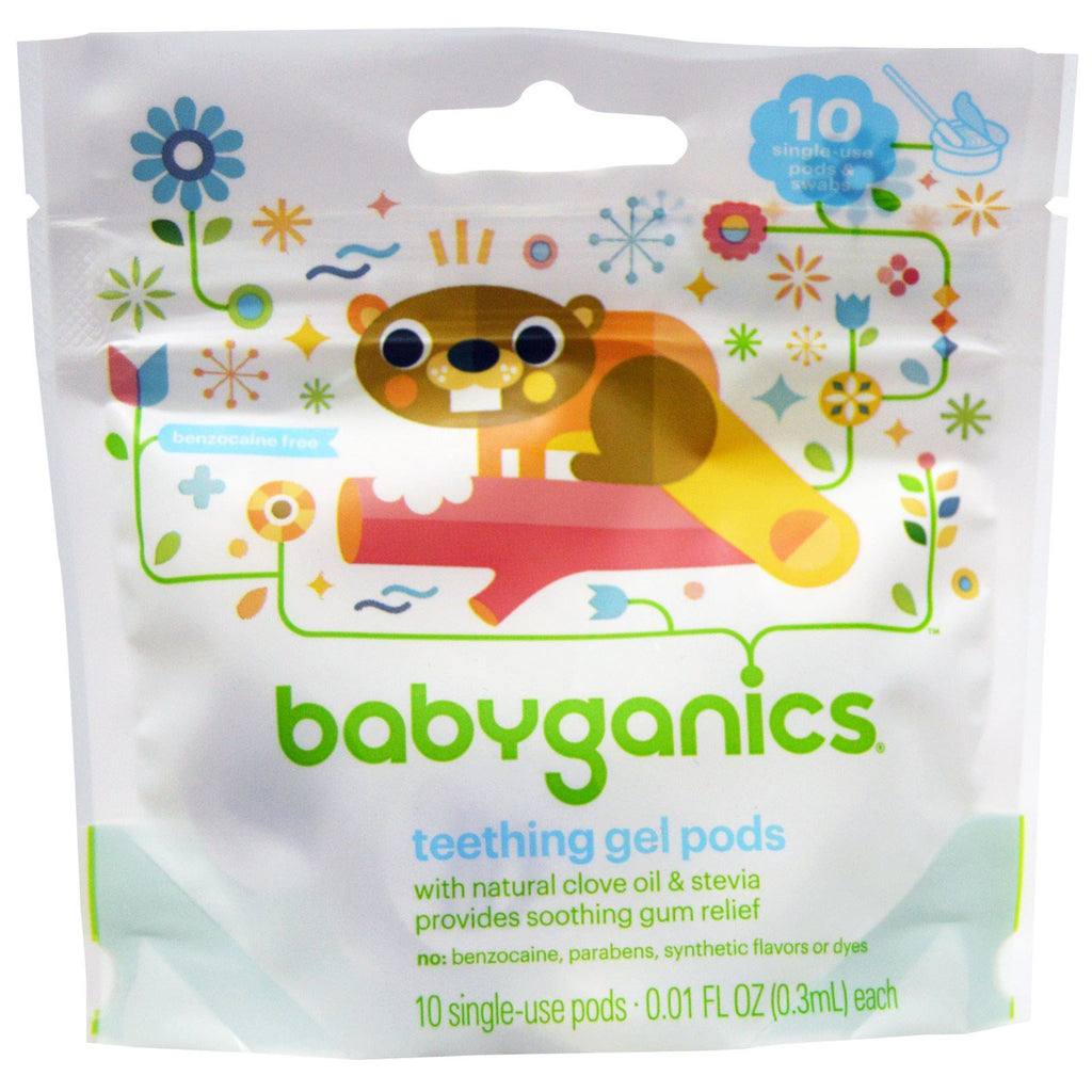 BabyGanics, teething Gel Pods, 10 engångskapslar, 0,01 fl oz (0,3 ml) vardera