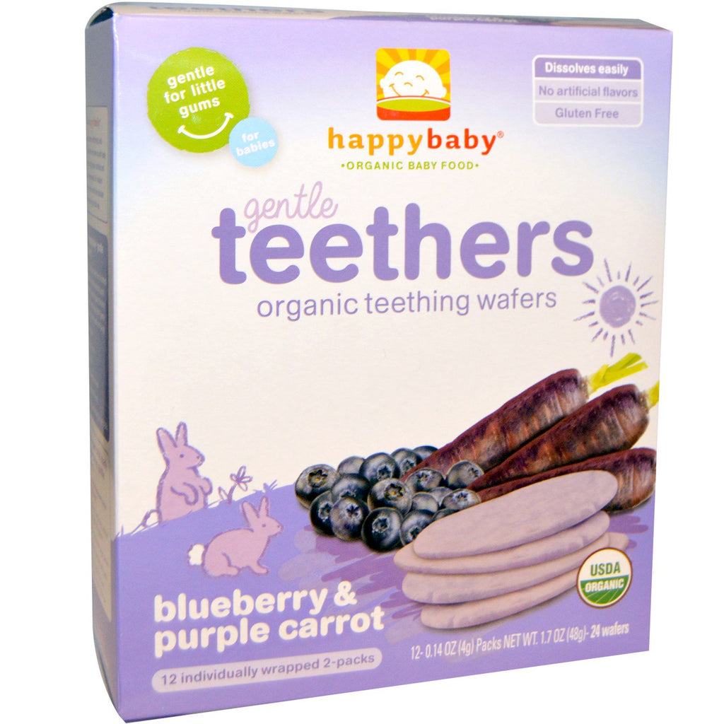 (Happy Baby), mordedores suaves, bolachas de dentição, mirtilo e cenoura roxa, 12 (2 pacotes), 4 g (0,14 onças) cada