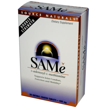 Source Naturals, SAM-e (S-Adénosyl-L-Méthionine), 400 mg, 30 comprimés à enrobage entérique