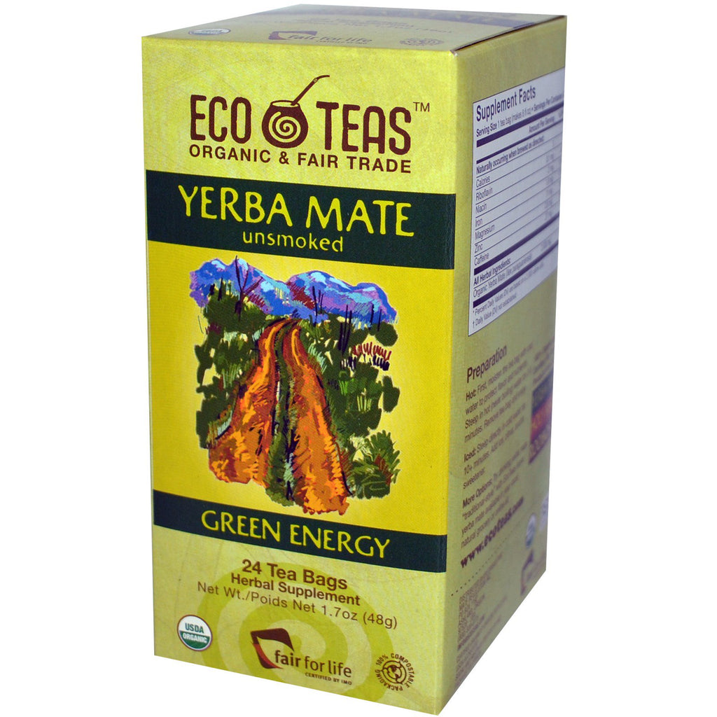 Eco-thee, Yerba Mate, ongerookt, groene energie, 24 theezakjes, 1,7 oz (48 g)
